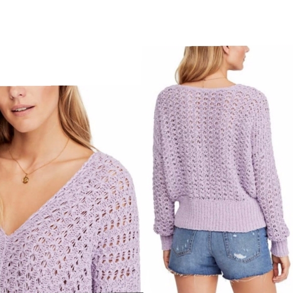 Free People Best Of You Open Weave Knit V-Neck Sweater in Light Purple Moo Sz XS - Picture 15 of 15